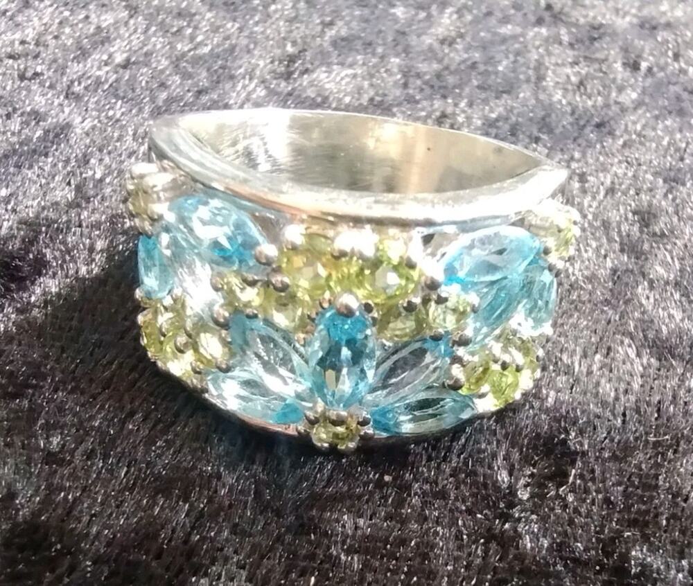Vintage Ralph Lauren 925 Periodot Blue Topaz Gemstone Flower Cigar Band Ring 9.5